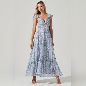 Astr The Label Blue Primrose Floral Strappy Open Back Maxi Dress Size L